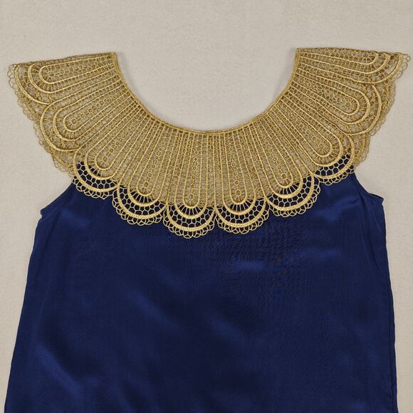 AKA New York Gold Lace Collar Blue Silk Blouse Size S Ornate Statement Regency - Picture 7 of 14